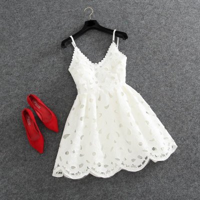 A-Line V-Neck Sleeveless Backless Short White Lace Homecoming Dress