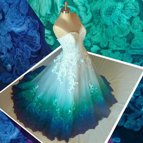A-Line Sweetheart Sweep Train Ombre Tulle Wedding Dress with Appliques