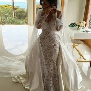 Mermaid Off-the-Shoulder Long Sleeves Lace Wedding Dress with Detachable Train