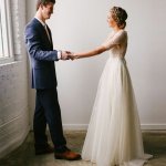 A-Line V-Neck Short Sleeves Ivory Chiffon Wedding Dress with Lace