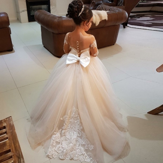 Ball Gown Round Neck Light Champagne Tulle Flower Girl Dress with Appliques - Click Image to Close