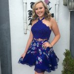Two Piece Halter Short Royal Blue Floral Chiffon Homecoming Dress with Appliques