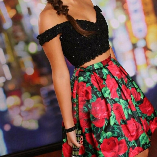 Two Piece Off Shoulder Short Black Floral Satin Homecoming Dress with Appliques - Click Image to Close