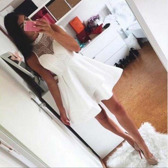 A-Line Round Neck Short White Elastic Satin Homecoming Dress with Lace - Click Image to Close