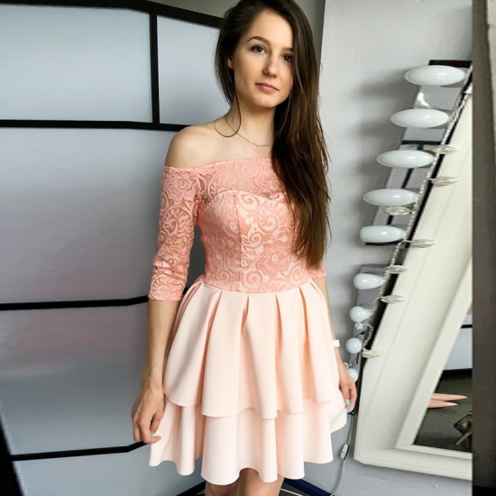 A-Line Off-the-Shoulder 3/4 Sleeves Pink Short Homecoming Dress with Lace - Click Image to Close