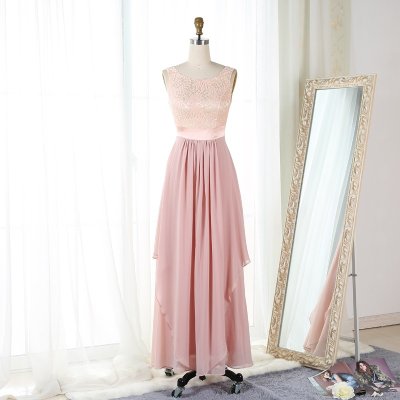 A-Line Bateau V-Back Floor-Length Blush Chiffon Bridesmaid Dress with Lace