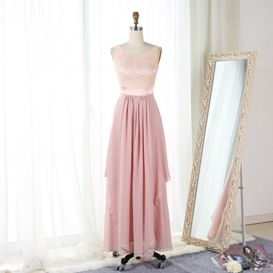 A-Line Bateau V-Back Floor-Length Blush Chiffon Bridesmaid Dress with Lace - Click Image to Close
