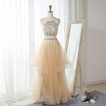 Two Piece Bateau Floor-Length Beaded Tiered Champagne Tulle Prom Dress