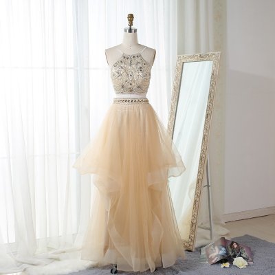 Two Piece Bateau Floor-Length Beaded Tiered Champagne Tulle Prom Dress