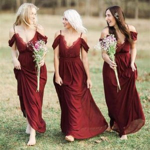 A-Line Spaghetti Straps Burgundy Chiffon Bridesmaid Dress with Lace