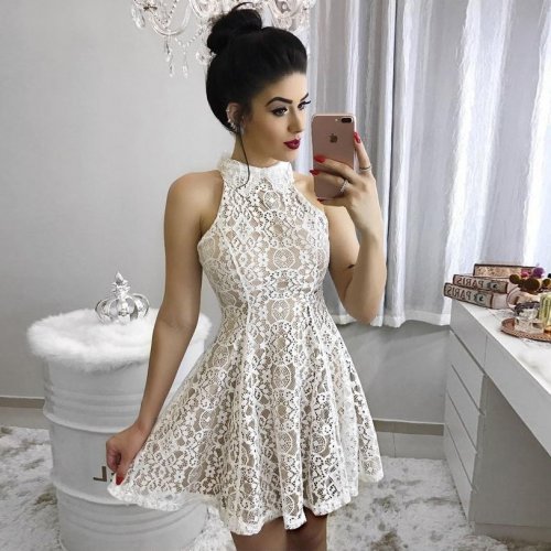 A-Line Doll Collar Sleeveless Short Ivory Lace Homecoming Dress