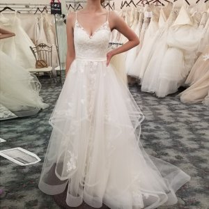 A-Line Spaghetti Straps Sweep Train Wedding Dress with Appliques