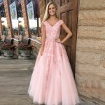 A-Line V-Neck Cap Sleeves Pink Prom Dress with Appliques Beading