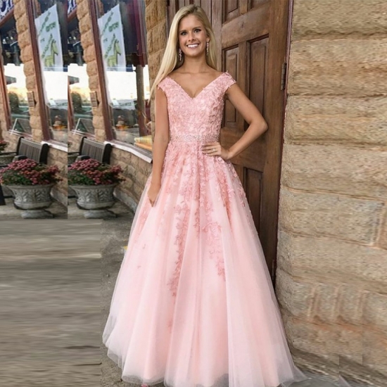 A-Line V-Neck Cap Sleeves Pink Prom Dress with Appliques Beading - Click Image to Close