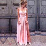 A-Line Spaghetti Straps Floor-Length Pink Prom Dress with Split