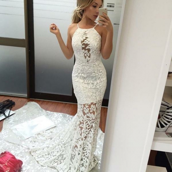 Mermaid Halter Backless Sweep Train White Lace Prom Dress - Click Image to Close
