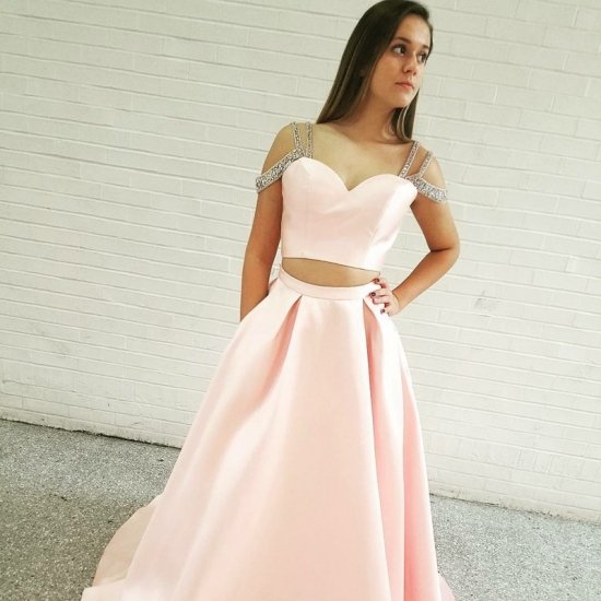 Two Piece Spaghetti Straps Sweep Train Pink Satin Prom Dress with Pockets - Click Image to Close