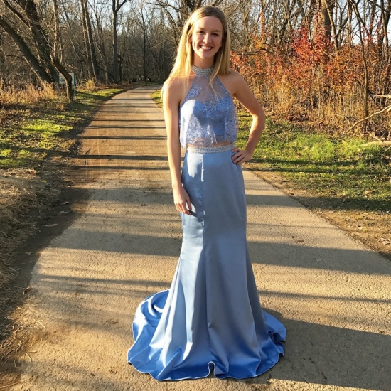 Two Piece High Neck Sweep Train Blue Prom Dress with Appliques Beading - Click Image to Close