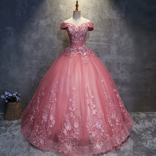 Ball Gown Off-the-Shoulder Floor-Length Pink Wedding Dress with Appliques - Click Image to Close