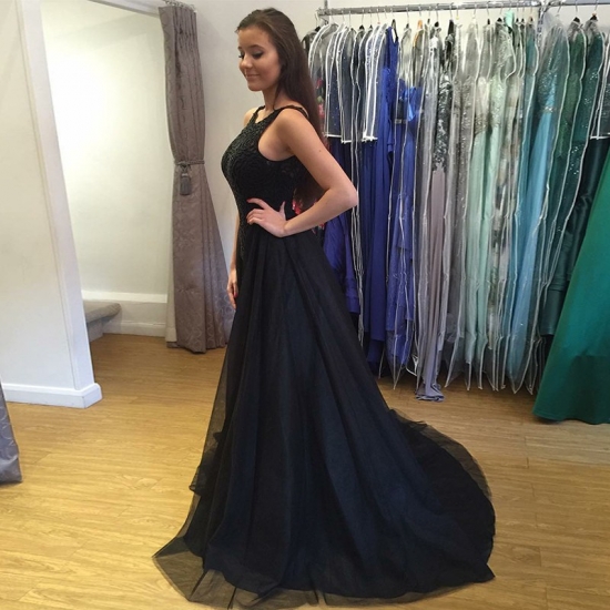 A-Line Round Neck Sweep Train Black Prom Dress with Appliques - Click Image to Close