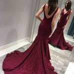 Mermaid V-Neck Backless Sweep Train Burgundy Sequined Prom Dress
