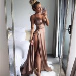 A-Line Spaghetti Straps Sweep Train Blush Prom Dress with Split