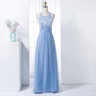 A-Line Round Neck Blue Tulle Long Bridesmaid Dress with Lace
