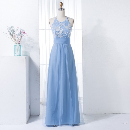 A-Line Round Neck Blue Tulle Long Bridesmaid Dress with Lace - Click Image to Close