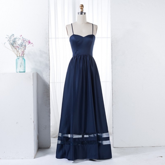 A-Line Spaghetti Straps Navy Blue Satin Bridesmaid Dress with Pleats - Click Image to Close