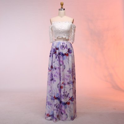Two Piece Off-the-Shoulder Floor-Length Floral Prom Dress with Lace