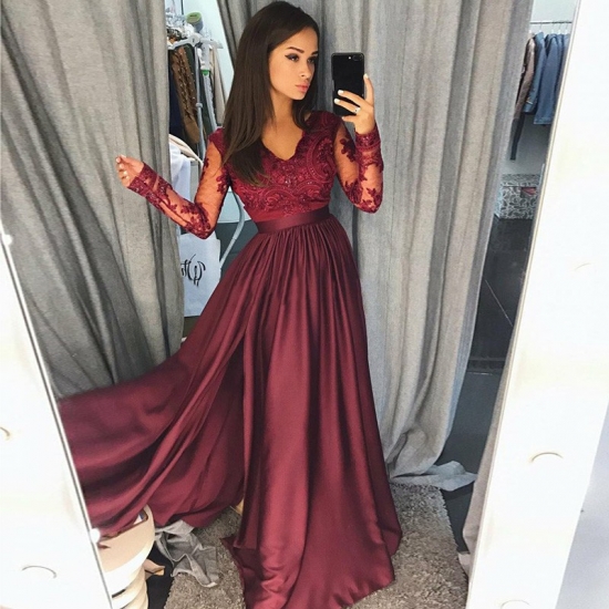 A-Line V-Neck Long Sleeves Burgundy Satin Prom Dress with Appliques - Click Image to Close