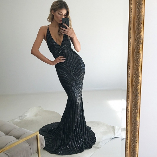 Mermaid Spaghetti Strap Backless Sweep Train Black Sequined Prom Dress - Click Image to Close