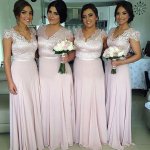A-Line V-Neck Cap Sleeves Pearl Pink Chiffon Bridesmaid Dress with Lace