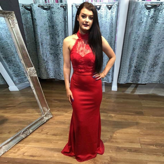 Mermaid High Neck Backless Sweep Train Red Prom Dress with Lace - Click Image to Close