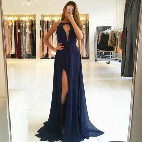 A-Line Jewel Open Back Dark Navy Chiffon Prom Dress with Lace