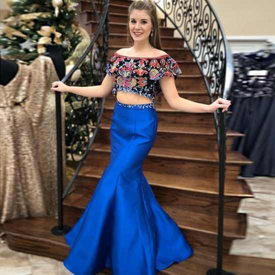 Two Piece Off-the-Shoulder Long Royal Blue Prom Dress with Embroidery - Click Image to Close