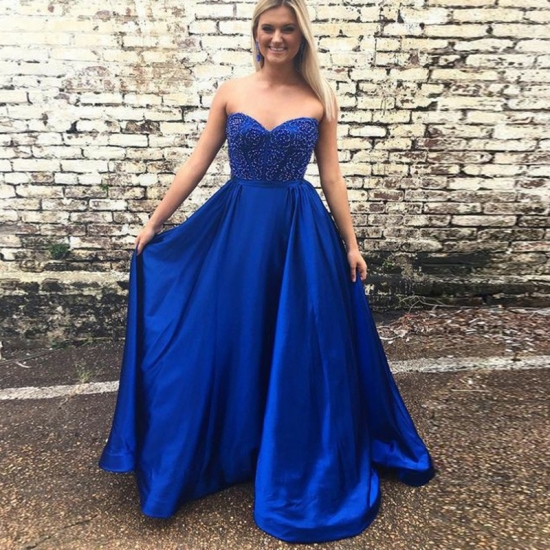 A-Line Sweetheart Floor-Length Royal Blue Satin Prom Dress with Beading - Click Image to Close