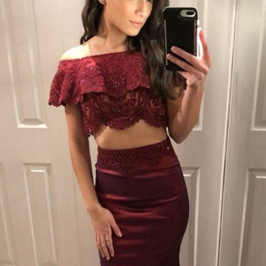 Two Piece Off-the-Shoulder Sweep Train Burgundy Prom Dress with Lace - Click Image to Close