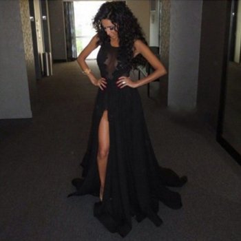 A-Line Round Neck Sweep Train Black Chiffon Prom Dress with Lace Split