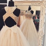 Ball Gown Jewel Champagne Tulle Prom Dress Open Back with Beading