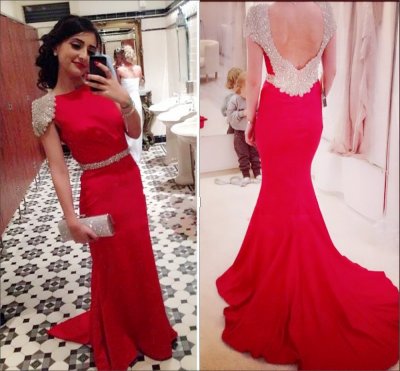 Elegant Mermaid Scoop Sweep Train Backless Red Prom Dress With Beading