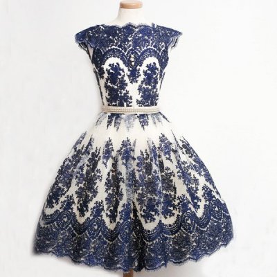 Classic A-Line High Neck Knee Length Tulle Dark Blue Homecoming/Prom Dress With Appliques