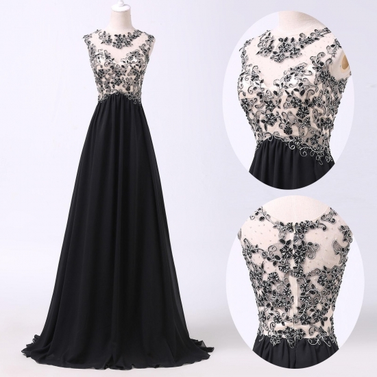 Luxurious A-Line Scoop Floor Length Chiffon Black Evening/Prom Dress With Beading - Click Image to Close