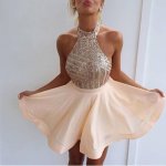A-Line Halter Backless Short Pearl Pink Chiffon Homecoming Dress with Sequins