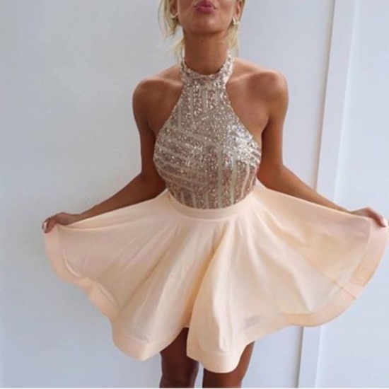 A-Line Halter Backless Short Pearl Pink Chiffon Homecoming Dress with Sequins - Click Image to Close