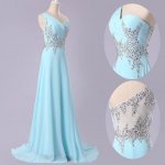 Elegant One Shoulder Sky Blue Long Chiffon Prom Dress with Beading