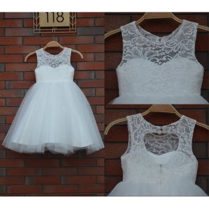 Cute Scoop Lace Tulle Empire Princess White Sleeveless Flower Girl Dress