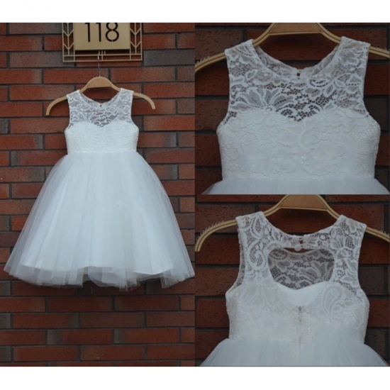 Cute Scoop Lace Tulle Empire Princess White Sleeveless Flower Girl Dress - Click Image to Close