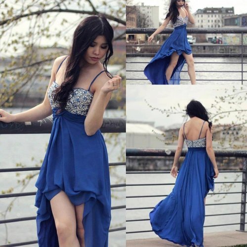 Hi-Low Chiffon Prom Dress - Royal Blue Spaghetti Straps with Beaded