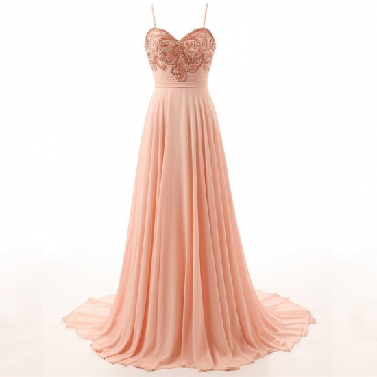 Hot-Selling Elegant Court Train Prom Dress - Pear Pink Spaghetti Straps with Beading - Click Image to Close